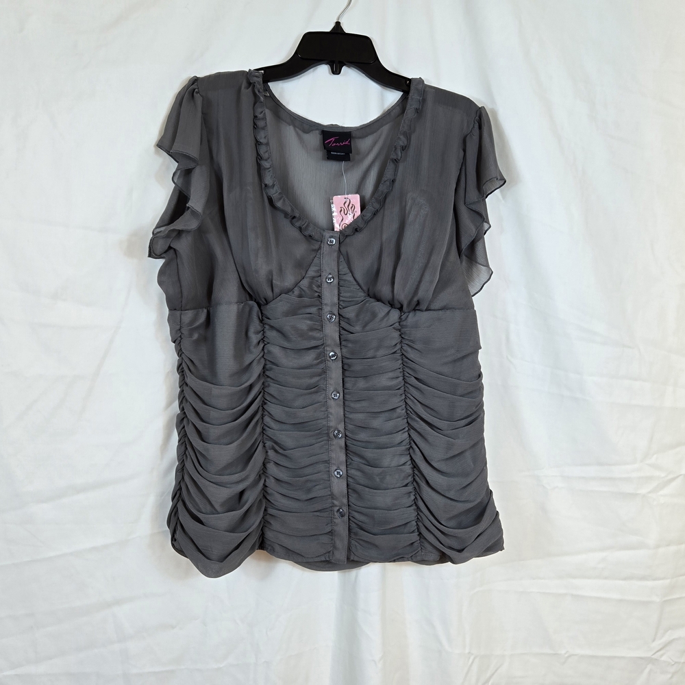 Torrid Women's Gray‎ Rouched Ruffled Cap Sleeve Chiffon Button-Up Blouse 1X NWT